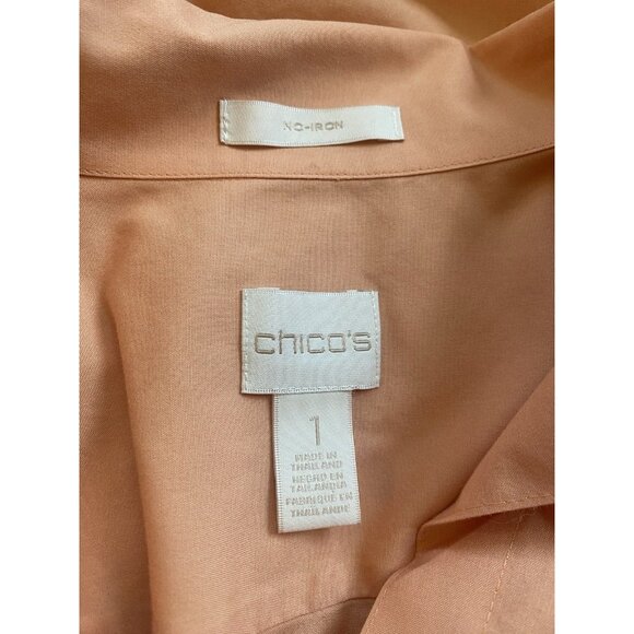 CHICOS 1 Medium Peach Button Up No Iron Tunic Top Shirt Roll Tab Sleeve Collared - Picture 5 of 6